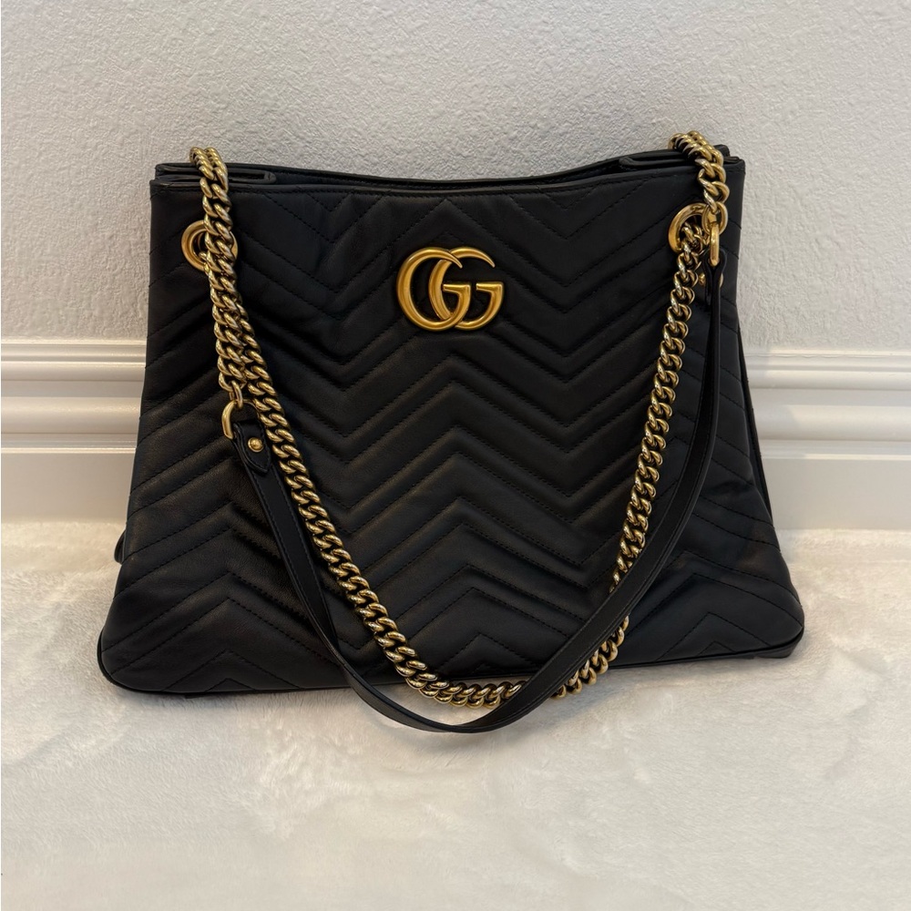 Gucci Matelasse GG Marmont Black Chevron Tote Bag with Gold Accents